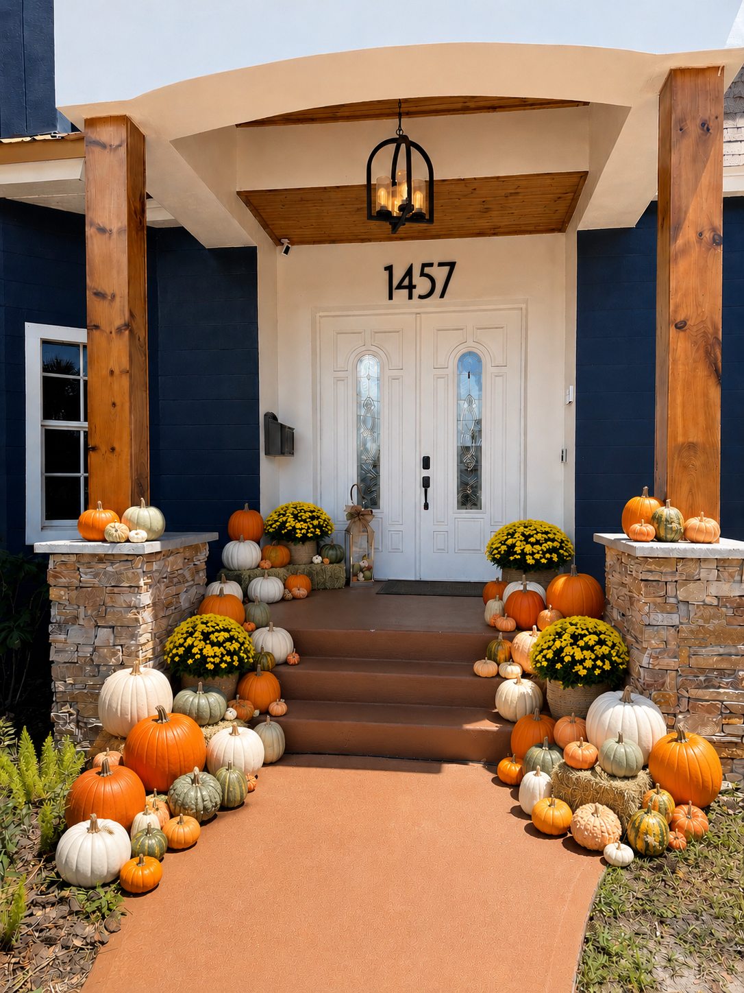 Full front entrance styled with pumpkins on both sides of the steps